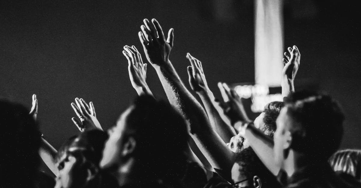 Dynamic black and white photo of a concert audience with hands raised, capturing the energy of live music.